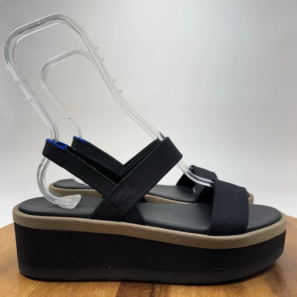 New Womens Rothys The Lightweight Wedge Black Knit Platform Sandals Size 8.5 M